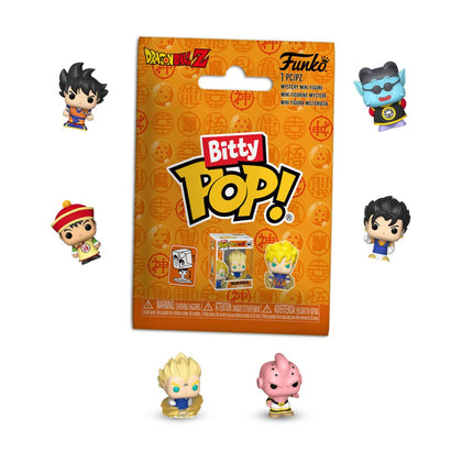 Dragon Ball Z Bitty Pop mystery blind bag with possible figures including Goku, Vegeta and Kid Buu