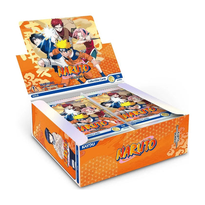Kayou Naruto Earth Scroll Series 1 Gold display box open, showing booster packs inside