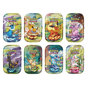Prismatic Evolutions Mini Tin Display - all 8 Eeveelution tin designs: Vaporeon, Jolteon, Flareon, Espeon, Umbreon, Leafeon, Glaceon, Sylveon