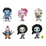 One Piece Pop! Mystery figure lineup — Luffy, Perona, Ryuma, Gecko Moria, Brook, Brook GITD