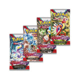Pokémon TCG Scarlet & Violet Base Set - all four booster pack art designs: Koraidon, Miraidon, Gyarados, and Paldea starters