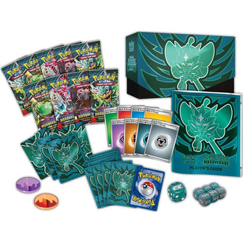 Twilight Masquerade Elite Trainer Box contents - 9 booster packs, sleeves, dice and player's guide