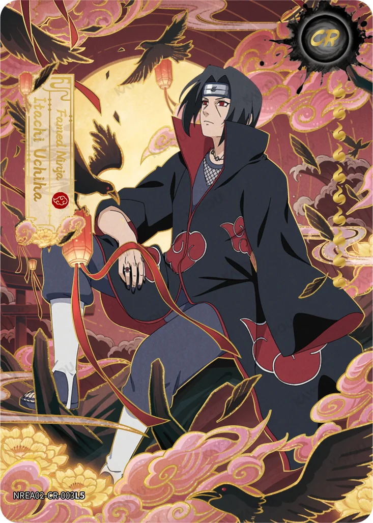 Kayou Naruto Creative Rare card — Itachi framed ninja art with crimson clouds and crows