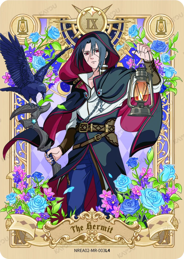Kayou Naruto Miracle Rare tarot card — Itachi The Hermit with raven and lantern