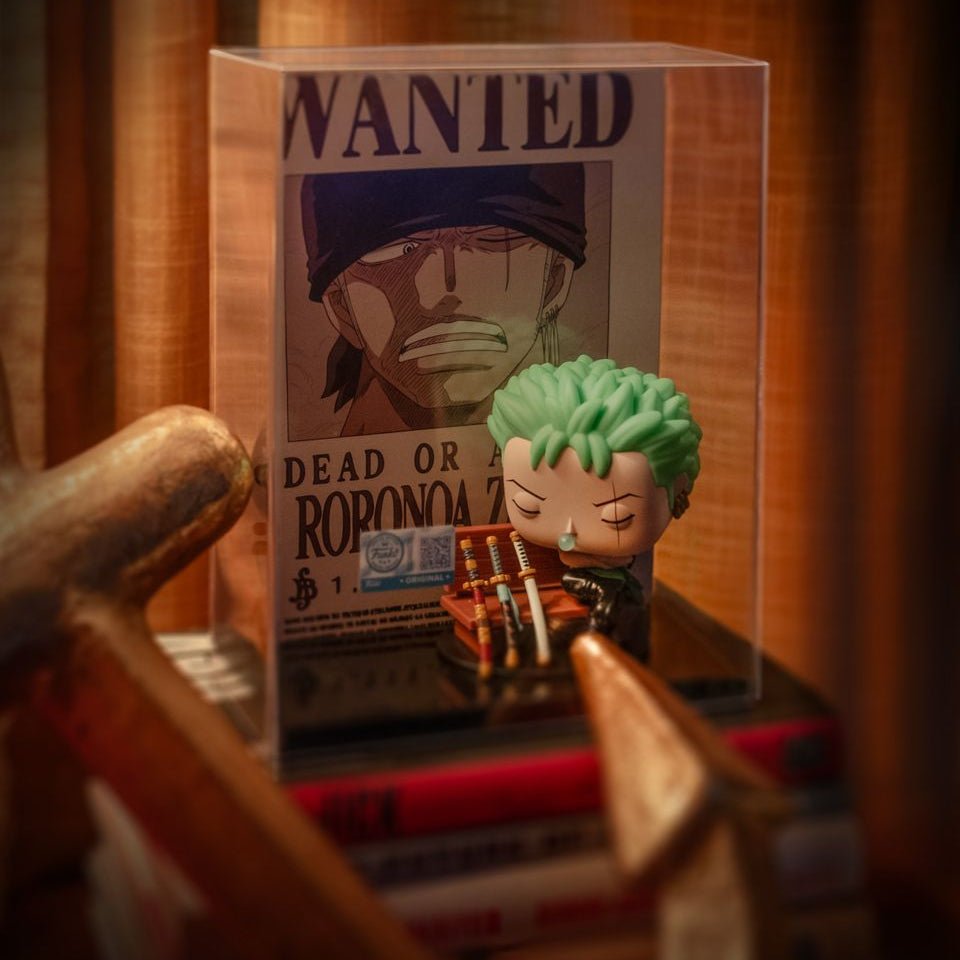Funko Exclusive Zoro Bounty Poster Funko Pop on display.